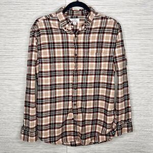 Croft Barrow Men‎ Button Down Shirt brown beige Check Long Sleeve Collar Medium